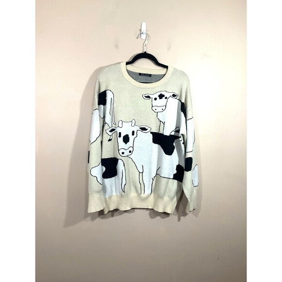 Simplee Womens Cow Print Crew Neck Sweater XL Beige Long Sleeve Soft Farm Animal - Picture 1 of 6